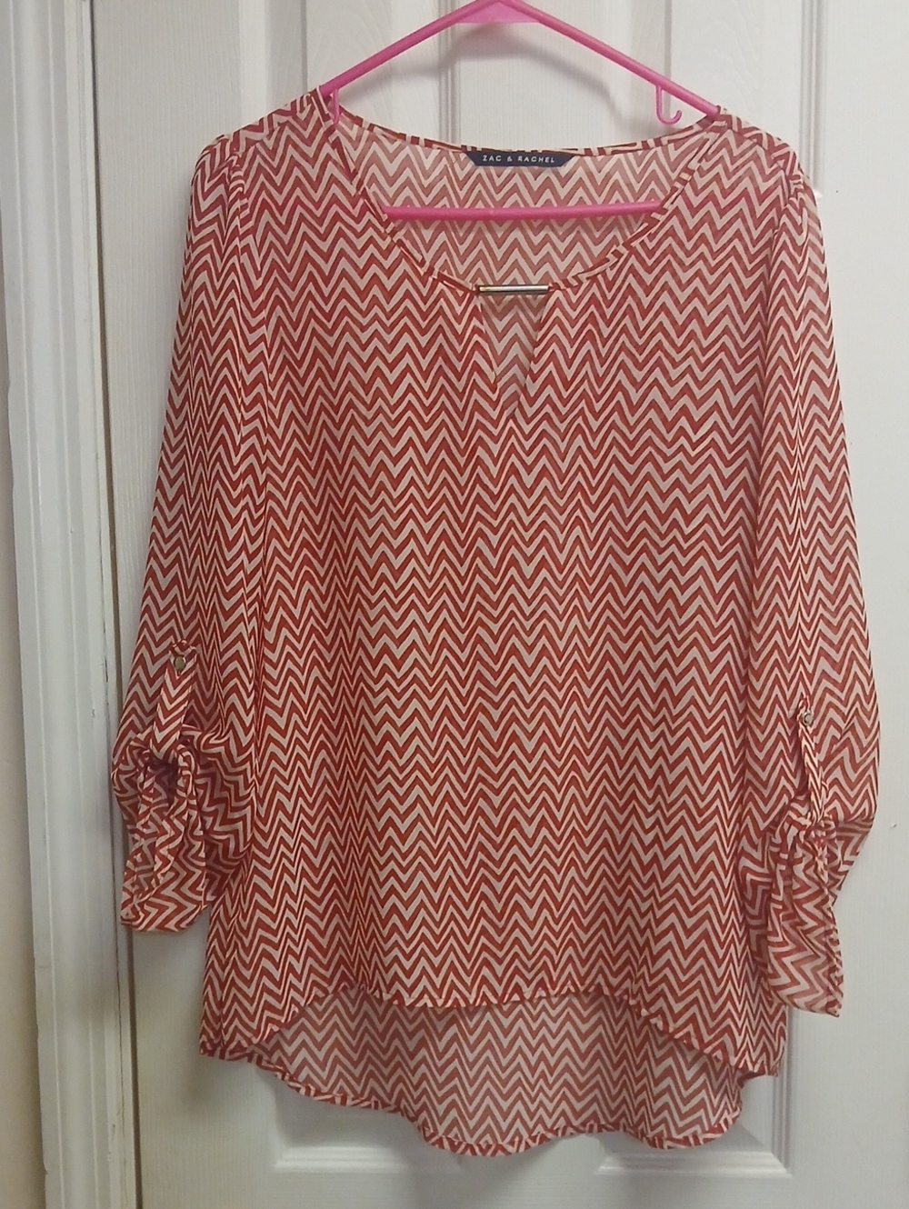 Zac & Rachel red/white Chevron Print Hugh Low Hemmed Long Or 3/4sleeves Blouse S